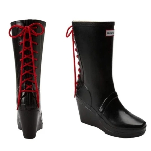 Hunter Shoes - Hunter - Verbier High Gloss Black Wedge Red Lace-Up Rain Boots